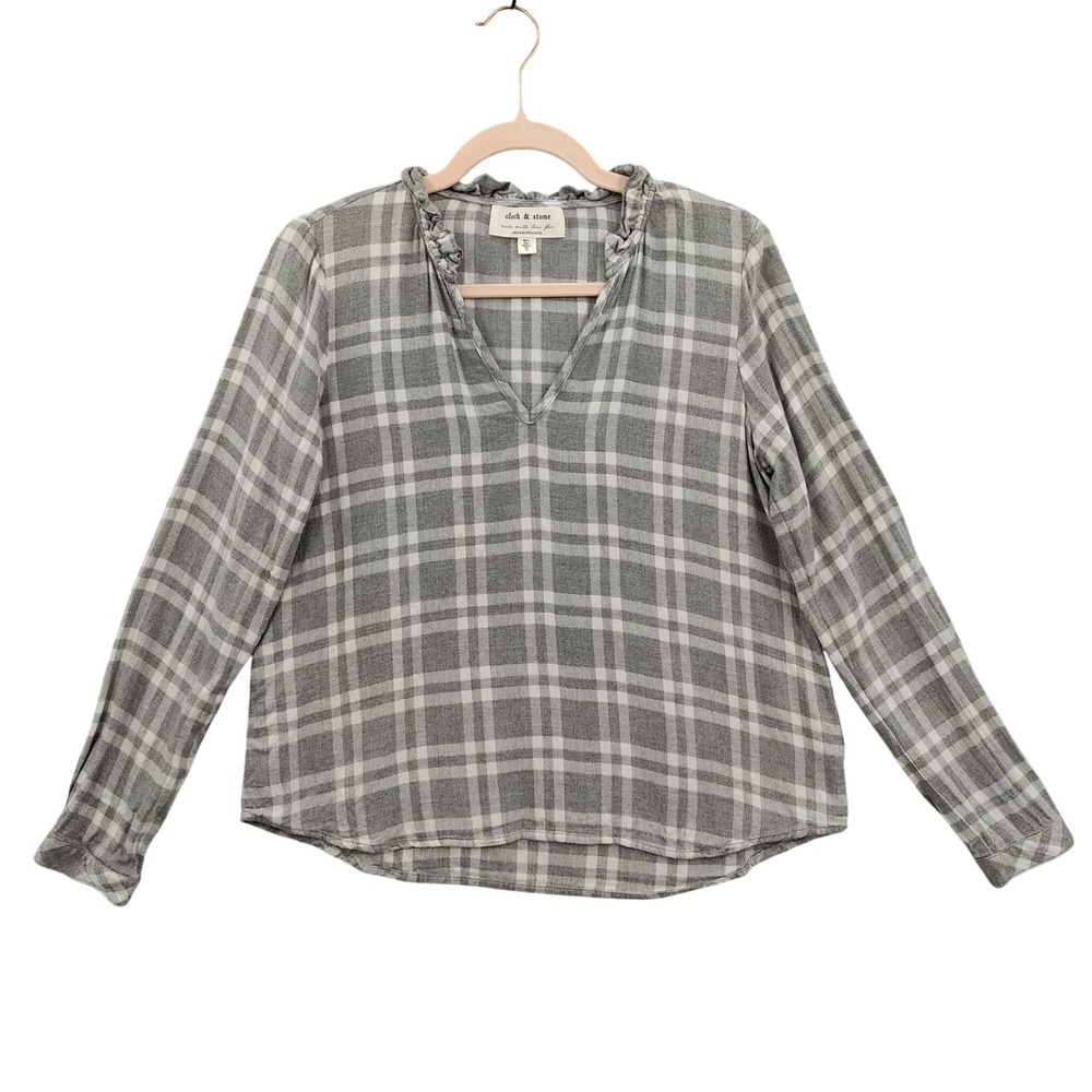 Cloth & Stone Womens Cottagecore Boho Plaid Top XS Grey Metallic Ruffle V-Neck